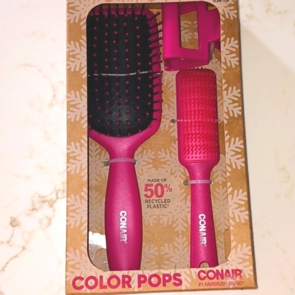 3 pc Conair pink hair paddle & all-purpose brush & hair clip Factory sealed.